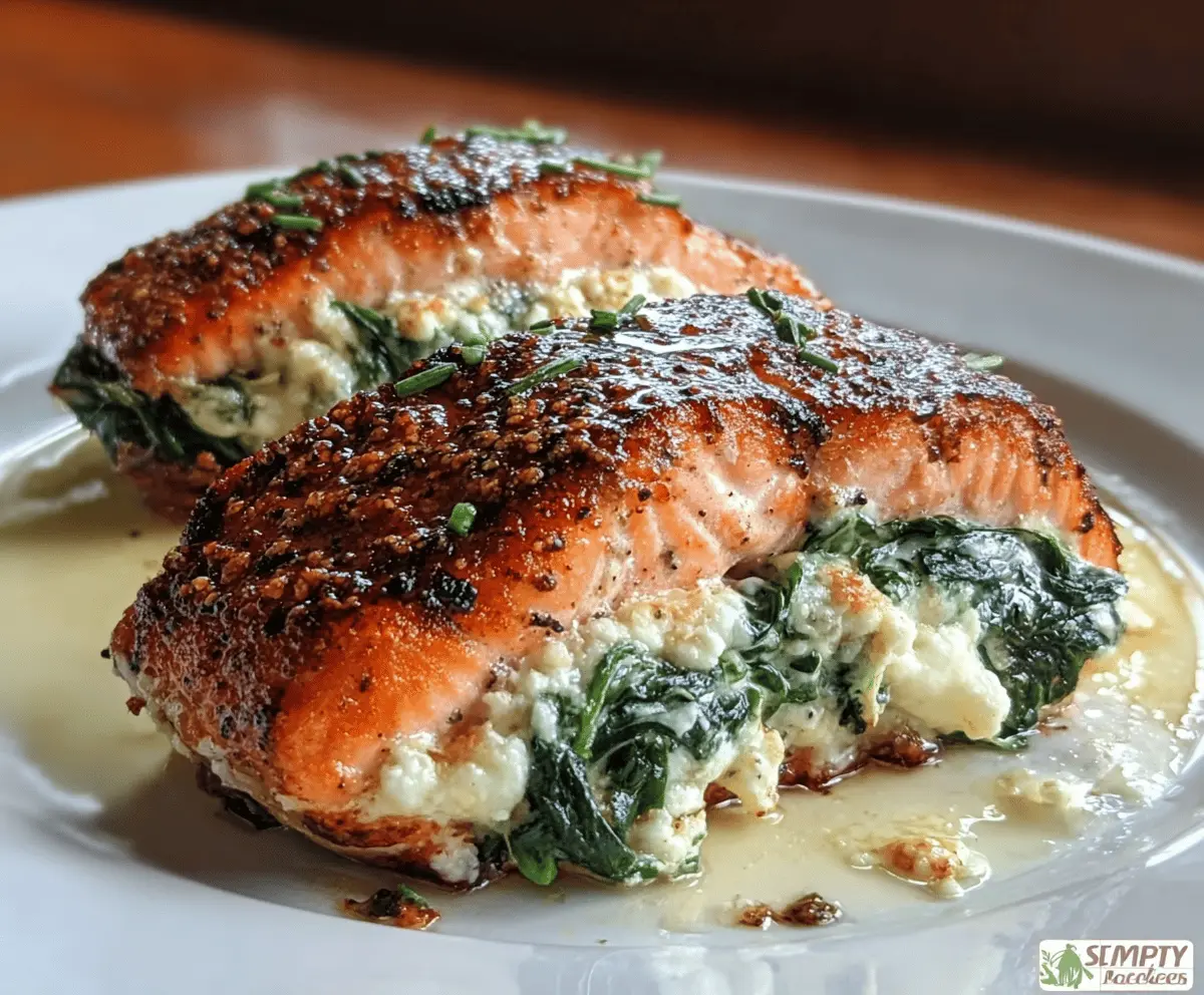 Delicious blackened salmon fillet stuffed with fresh spinach and melted Parmesan cheese, served as a flavorful seafood dish