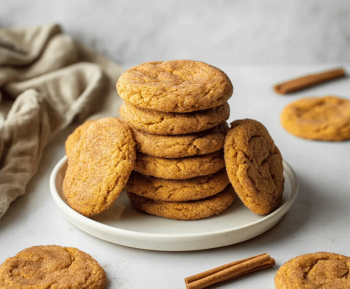 Golden brown pumpkin snickerdoodle cookies topped with cinnamon sugar and drizzled with brown butter, perfect for fall desserts.