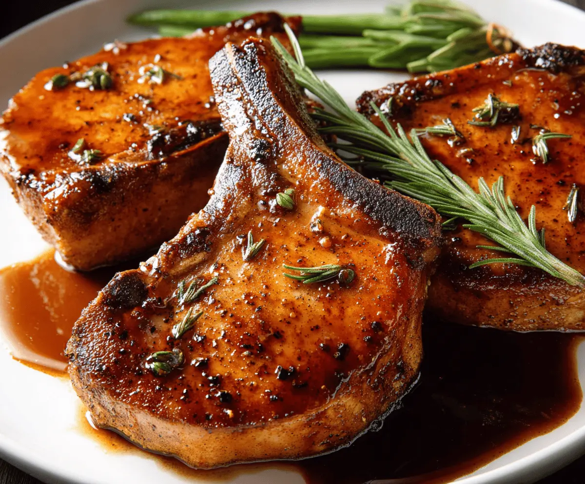 Juicy brown sugar glazed pork chops served on a plate with fresh herbs