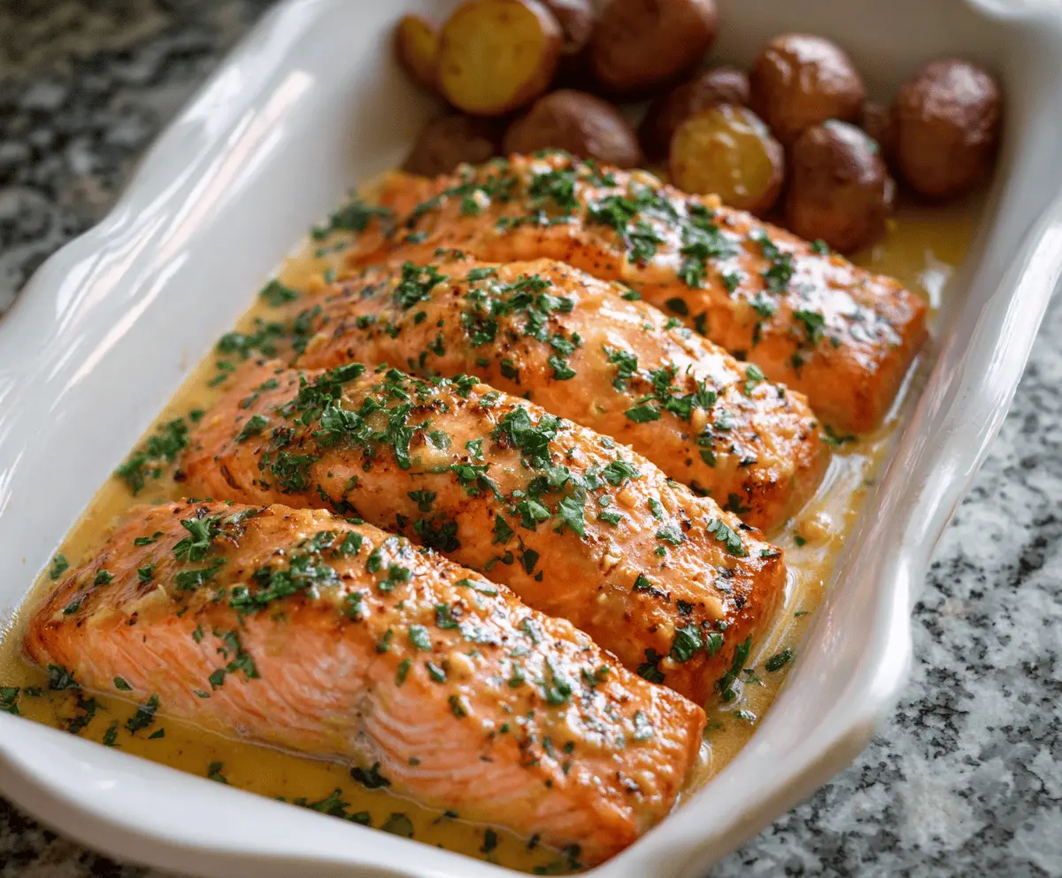 Delicious baked salmon glazed with buttery honey mustard sauce, served fresh from the oven.