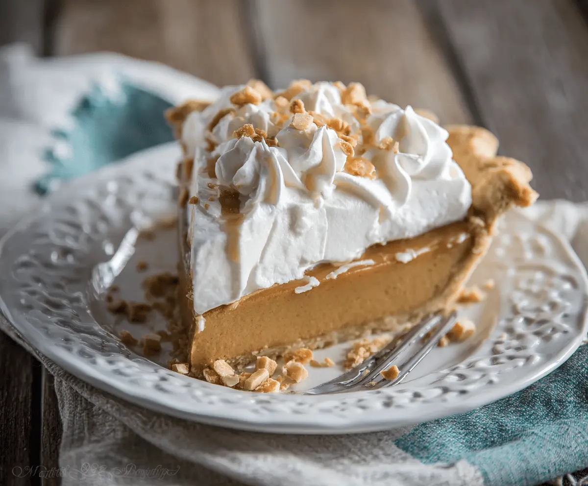 Creamy butterscotch pie topped with whipped cream and caramel drizzle, served on a decorative plate, perfect for dessert.