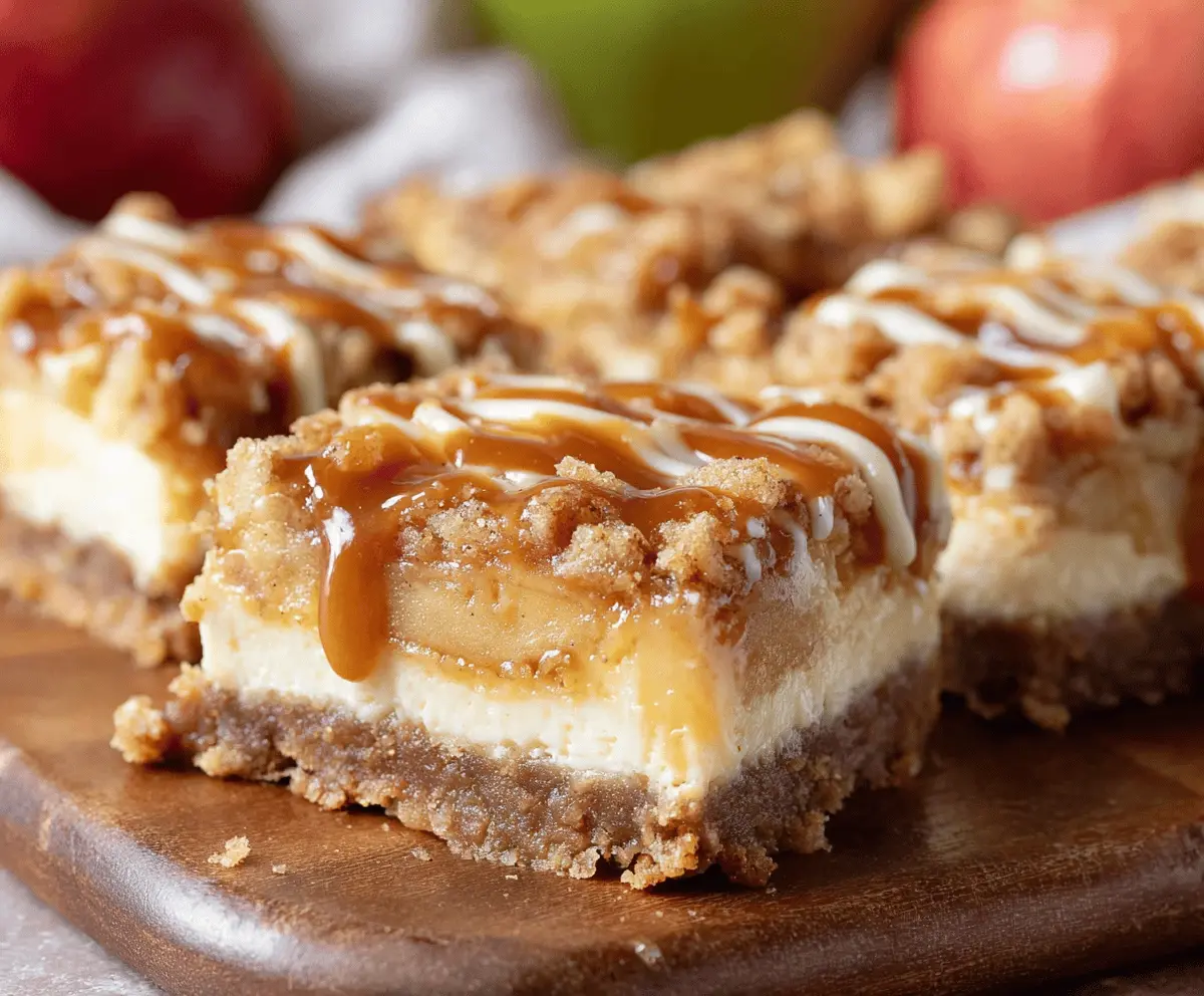 Delicious caramel apple cheesecake bars topped with caramel drizzle and fresh apple slices on a rustic wooden table