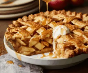 Golden caramel apple pie topped with cinnamon and a flaky crust, ready to serve