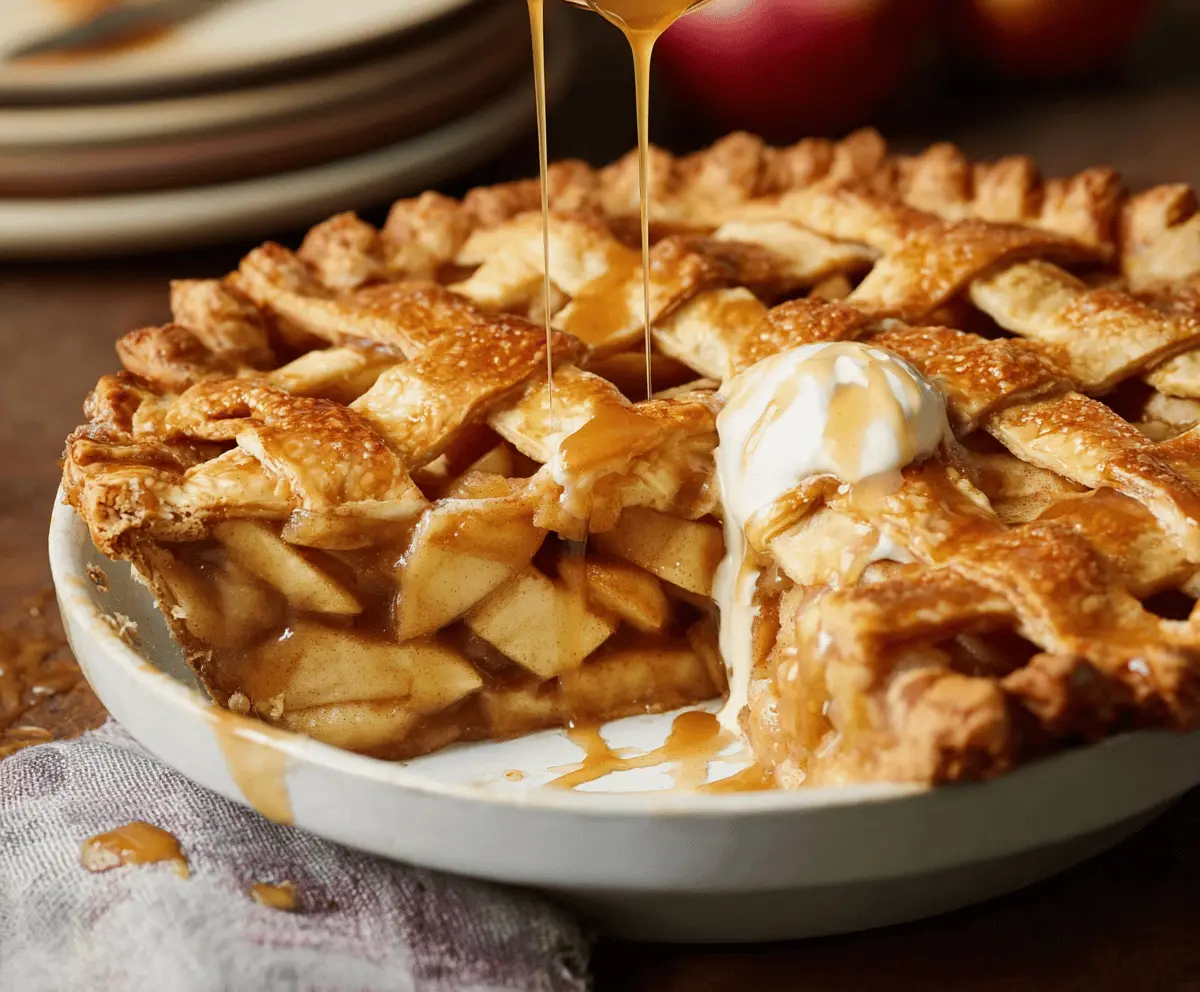 Golden caramel apple pie topped with cinnamon and a flaky crust, ready to serve