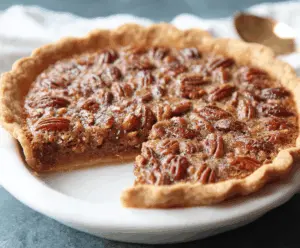 Delicious caramel pecan pie topped with toasted pecans and a glossy caramel glaze on a rustic wooden table