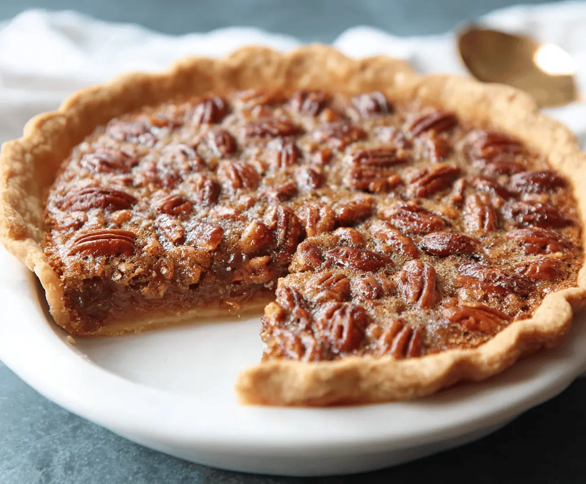 Delicious caramel pecan pie topped with toasted pecans and a glossy caramel glaze on a rustic wooden table