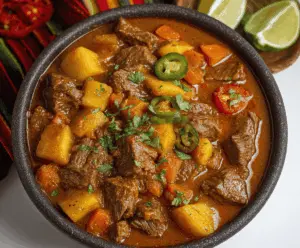 Savory Carne Guisada served with rice and vegetables, featuring tender beef stew with flavorful spices and herbs.