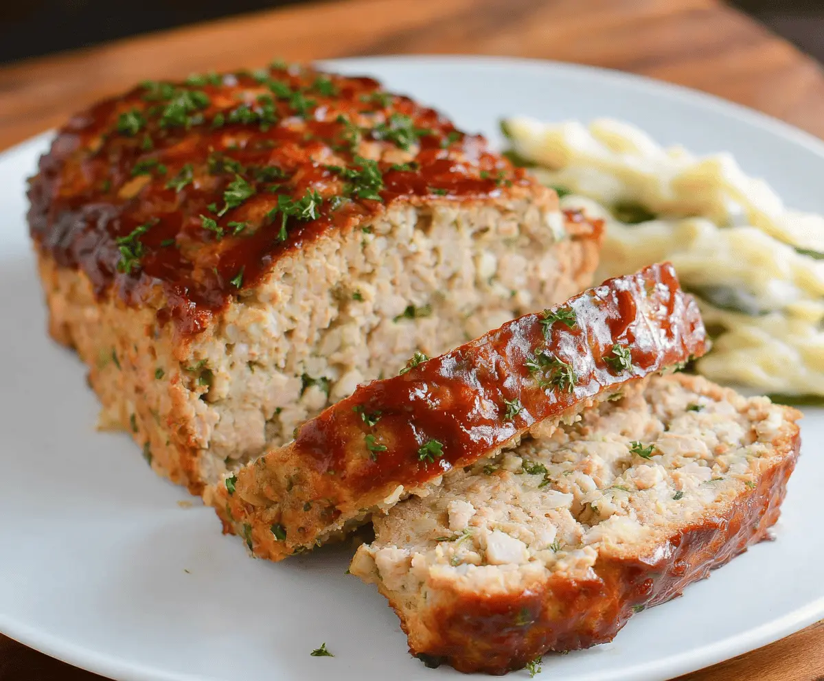 Juicy baked chicken meatloaf served with fresh vegetables on a white plate