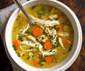 A steaming bowl of homemade chicken soup with tender chicken pieces, fresh vegetables, and herbs, served in a white bowl on a rustic wooden table.