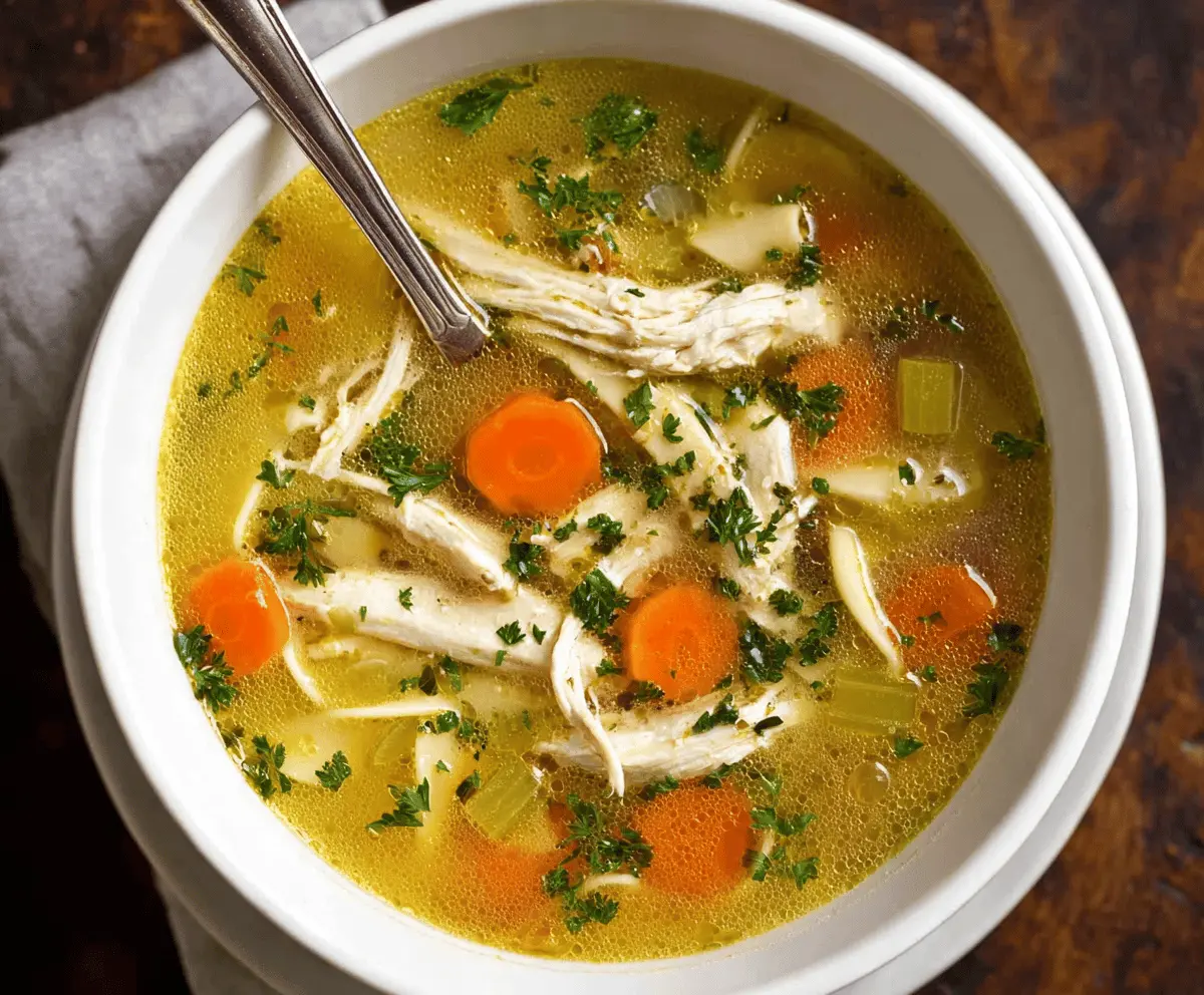 A steaming bowl of homemade chicken soup with tender chicken pieces, fresh vegetables, and herbs, served in a white bowl on a rustic wooden table.