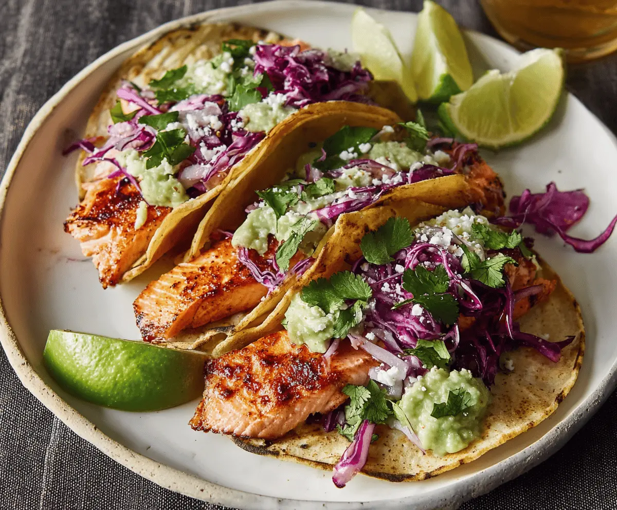 Fresh Chile Lime Salmon Tacos topped with chopped cilantro and lime wedges on a rustic plate, perfect for a flavorful seafood meal.