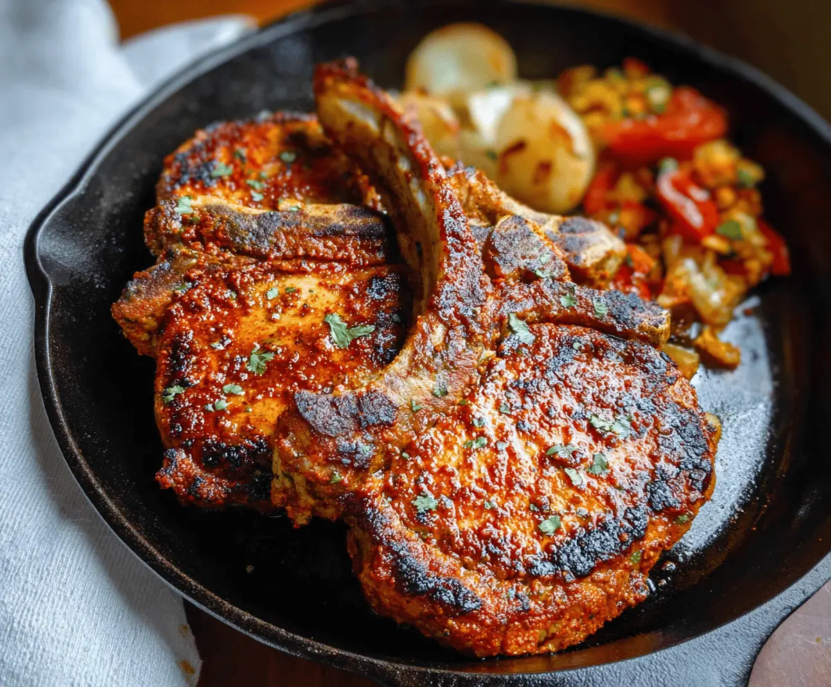 Juicy grilled chipotle pork chops served with smoky chili sauce and fresh herbs on a white plate