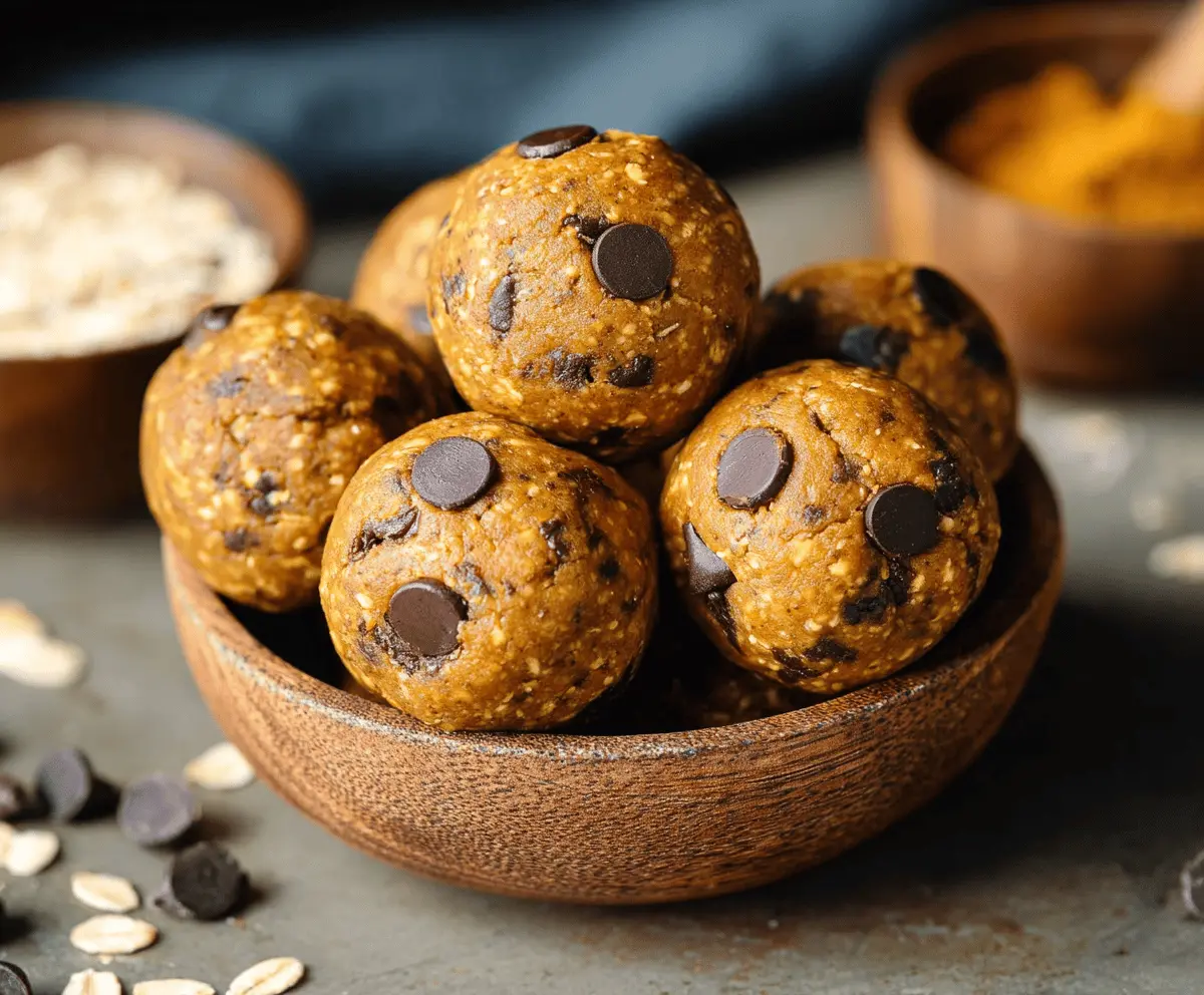 Delicious Chocolate Chip Pumpkin Protein Balls on a white plate, showcasing a healthy, homemade snack with chocolate chips and pumpkin puree.