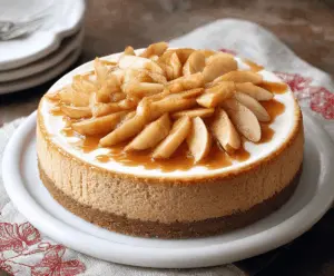 Delicious cinnamon apple cheesecake topped with caramel drizzle and cinnamon-spiced apple slices, served on a white plate.