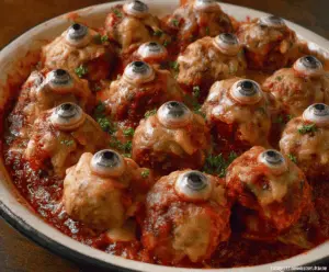 Colorful spooky eyeball meatballs on a serving platter, perfect for Halloween-themed parties