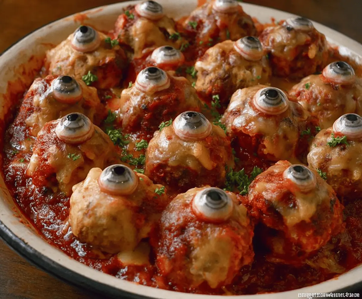 Colorful spooky eyeball meatballs on a serving platter, perfect for Halloween-themed parties
