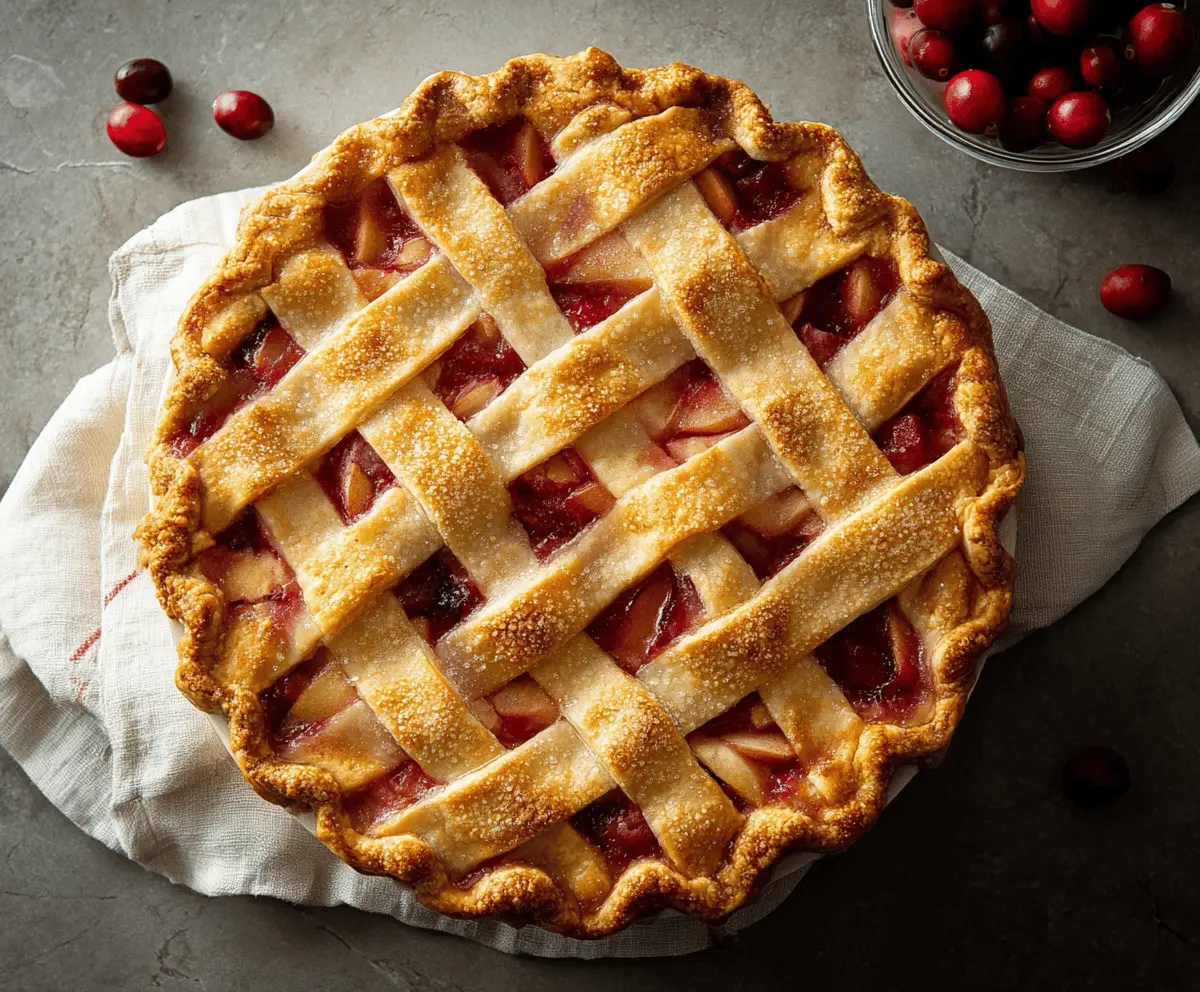 Freshly baked cranberry apple pie with golden crust, topped with cranberries and apple slices, ready to serve