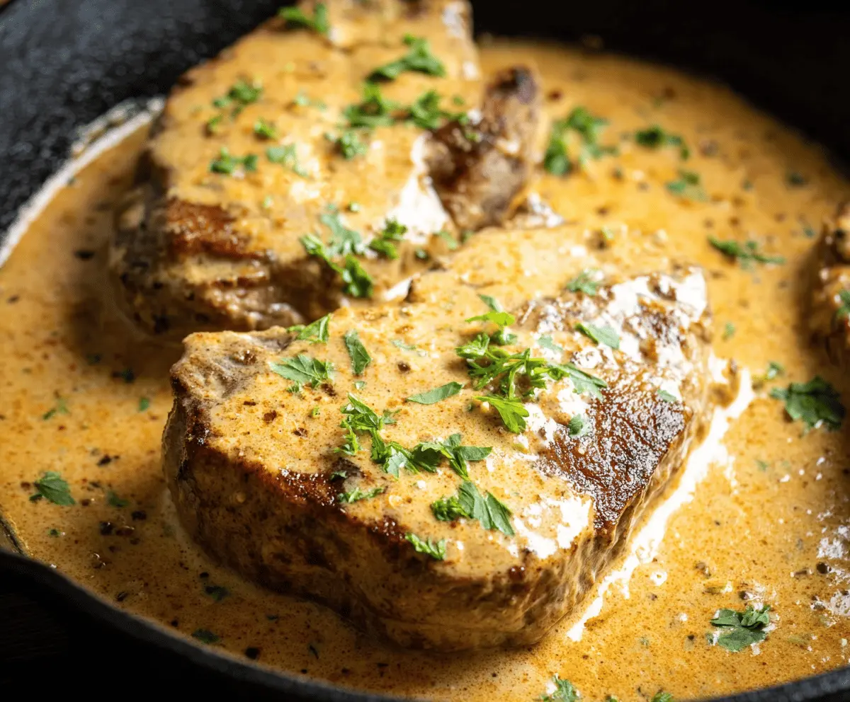 Juicy and flavorful creamy Cajun pork chops served with a rich, spicy sauce on a rustic plate