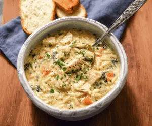 A bowl of creamy chicken orzo soup garnished with fresh herbs, featuring tender chicken, orzo pasta, and a rich, smooth broth.