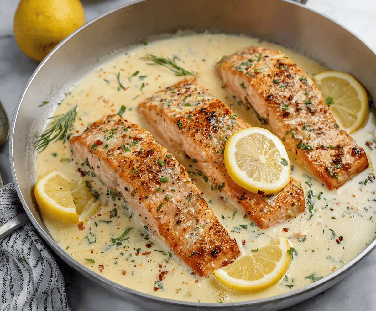 Creamy Lemon Butter Salmon served on a white plate garnished with fresh herbs, showcasing a delicious and flavorful seafood dish.