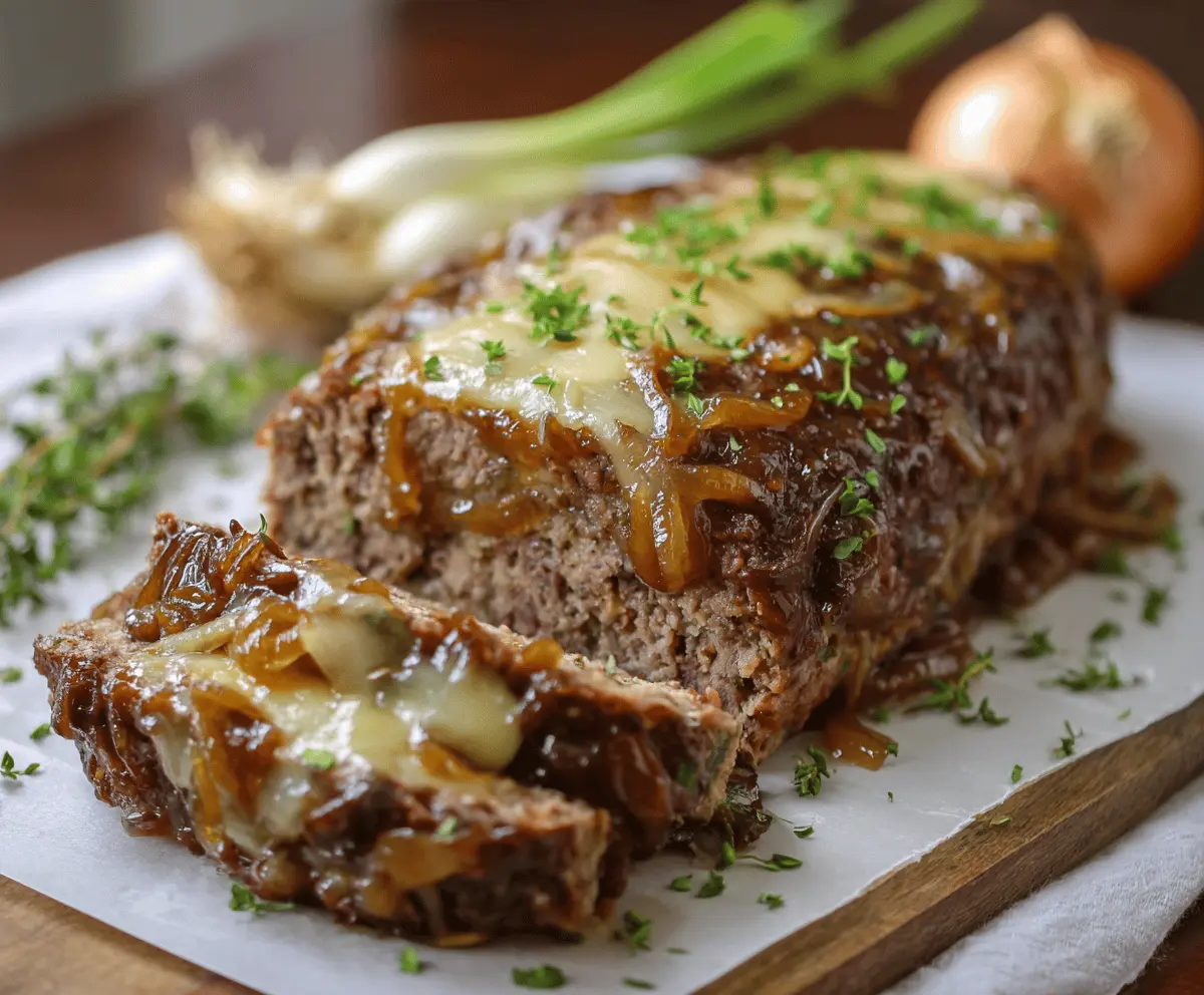 Crockpot French Onion Meatloaf topped with melted Swiss cheese, served with caramelized onions and herbs