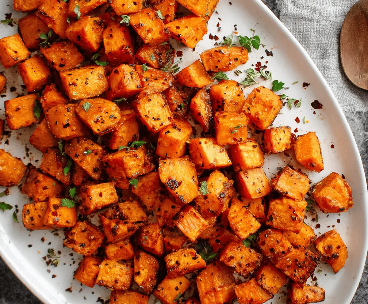 Delicious crunchy roasted sweet potatoes seasoned and crispy golden brown, perfect as a healthy side dish or snack.