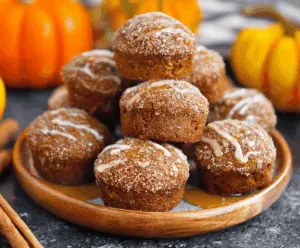 Freshly baked donut pumpkin muffins with a golden-brown crust, topped with a sprinkle of cinnamon and powdered sugar, perfect for fall treats.
