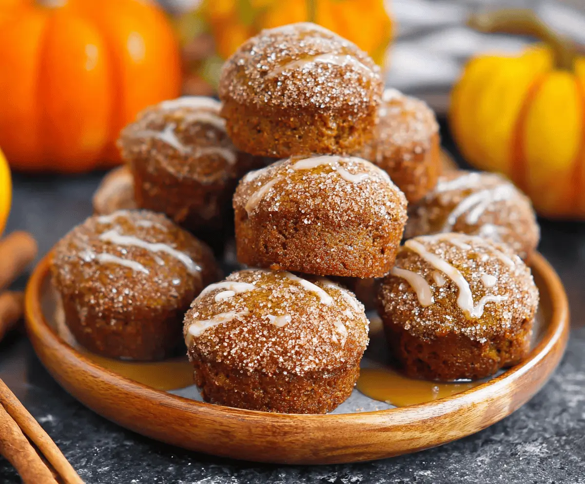 Freshly baked donut pumpkin muffins with a golden-brown crust, topped with a sprinkle of cinnamon and powdered sugar, perfect for fall treats.