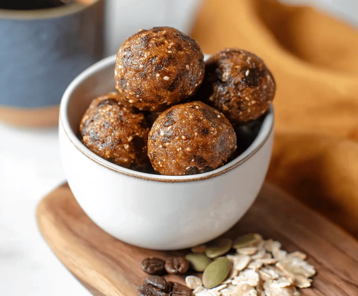 Delicious Espresso Pumpkin Protein Balls on a white plate, featuring a chocolate drizzle and pumpkin seeds, perfect for healthy snacking and high-protein energy boosts.