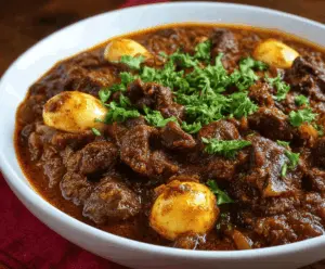 Hearty Ethiopian Beef Stew served with injera, featuring tender beef, aromatic spices, and vibrant vegetables in a traditional dish.