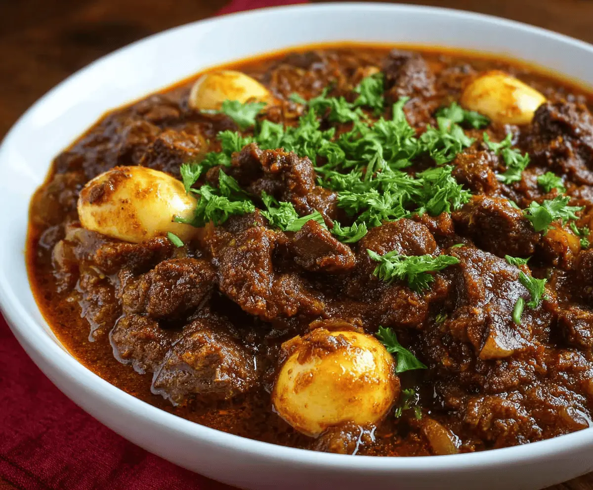 Hearty Ethiopian Beef Stew served with injera, featuring tender beef, aromatic spices, and vibrant vegetables in a traditional dish.