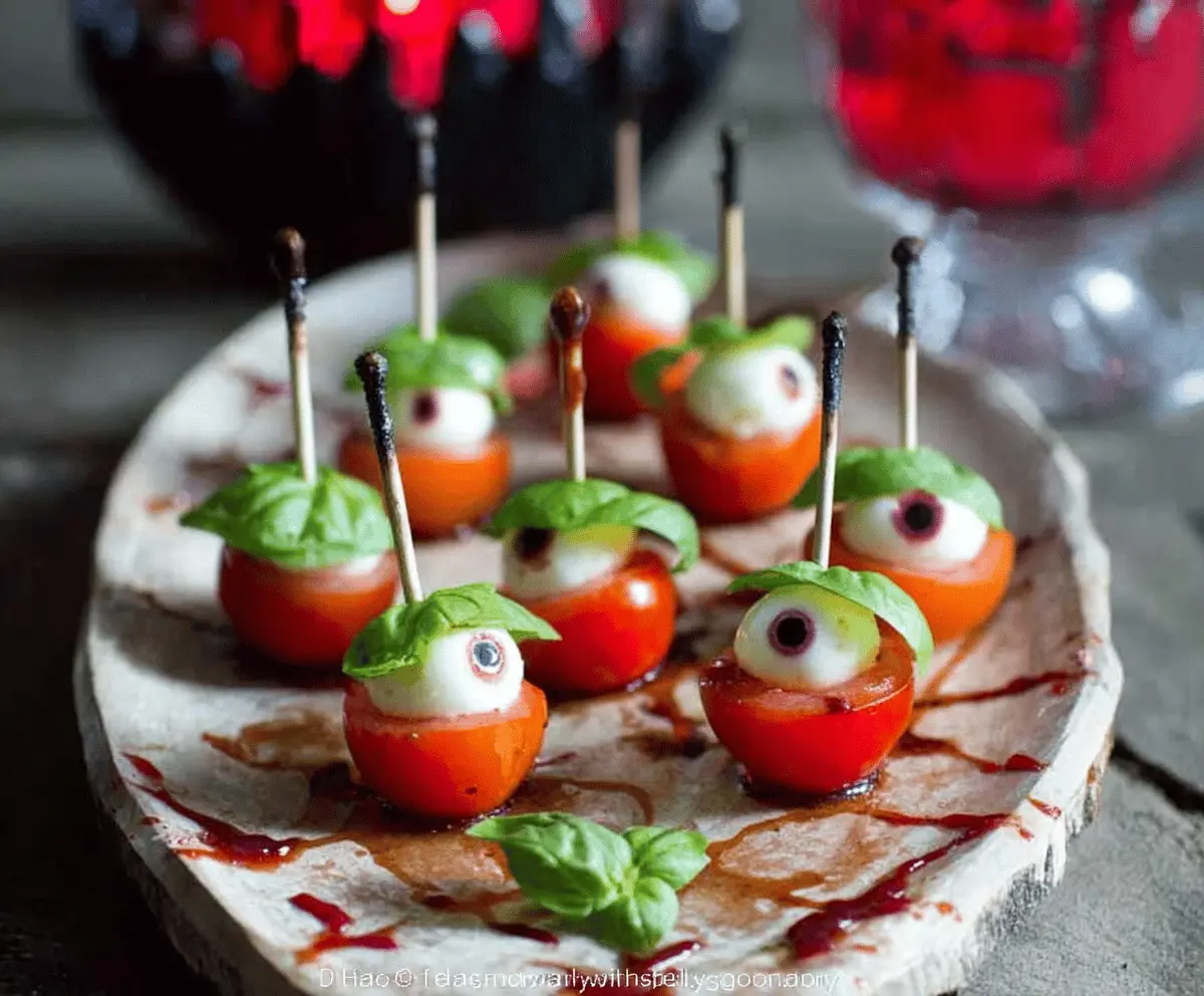 Colorful Eyeball Caprese Skewers with cherry tomatoes, fresh mozzarella balls, basil leaves, and spooky edible eyes for a Halloween appetizer.