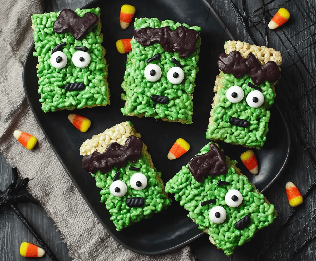 Colorful Frankenstein Rice Krispie Treats decorated with green icing, candy eyes, and fun monster details, perfect for Halloween parties.