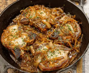 Juicy French Onion Pork Chops topped with caramelized onions and melted cheese on a plate, perfect for a flavorful dinner