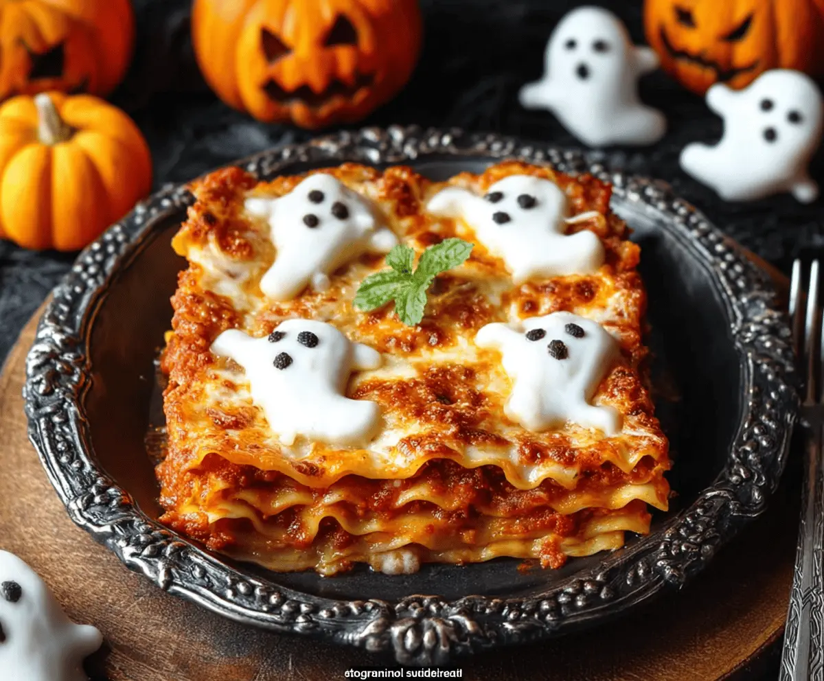 A spooky Halloween-themed ghost-shaped lasagna with a creamy white sauce and melted cheese, perfect for a festive dinner.