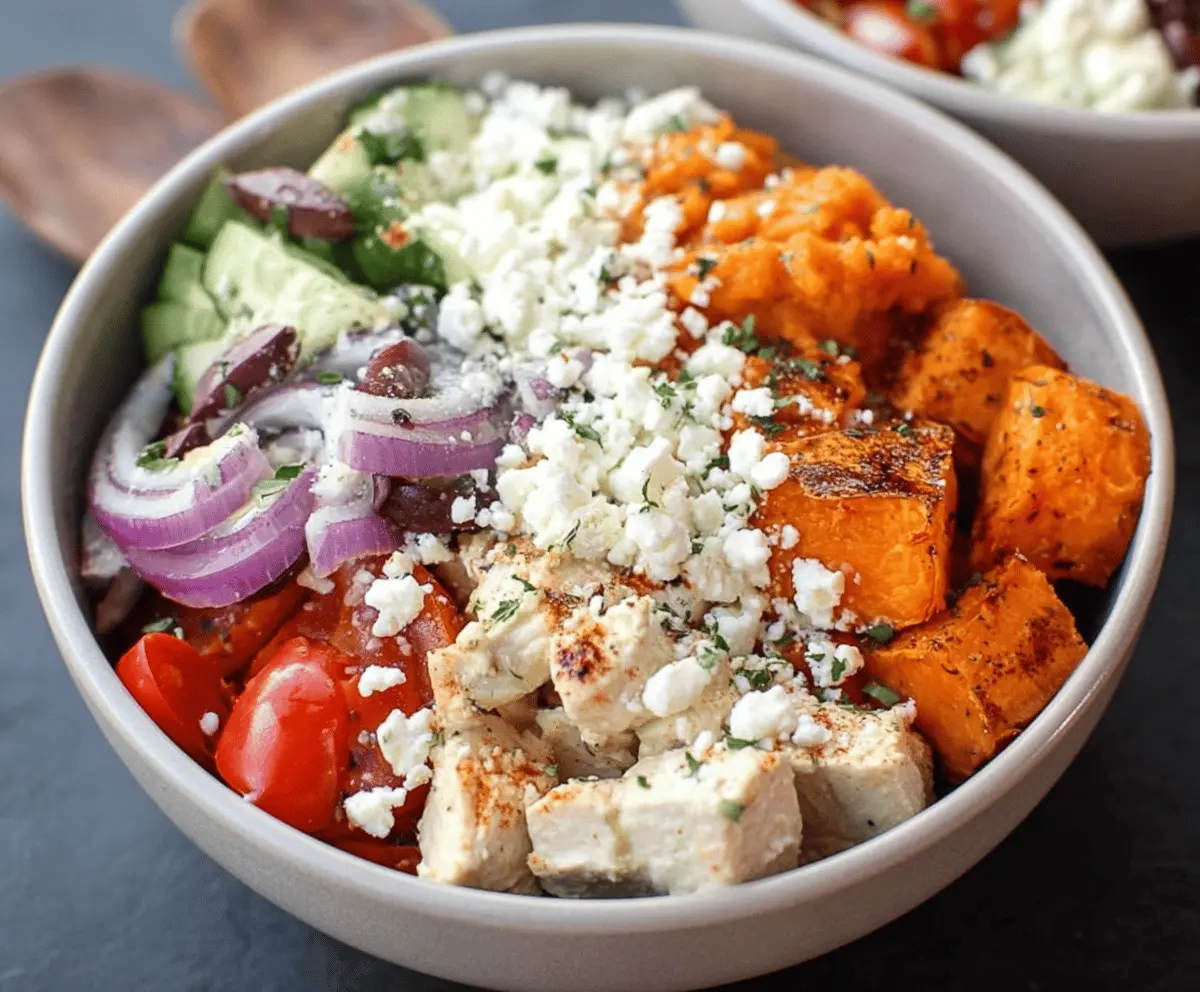 Colorful Greek Sweet Potato Bowls topped with fresh vegetables, feta cheese, and herbs, served in a rustic bowl for a healthy, flavorful meal.