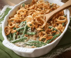 Delicious homemade green bean casserole topped with crispy fried onions, served in a baking dish for a classic holiday side dish.