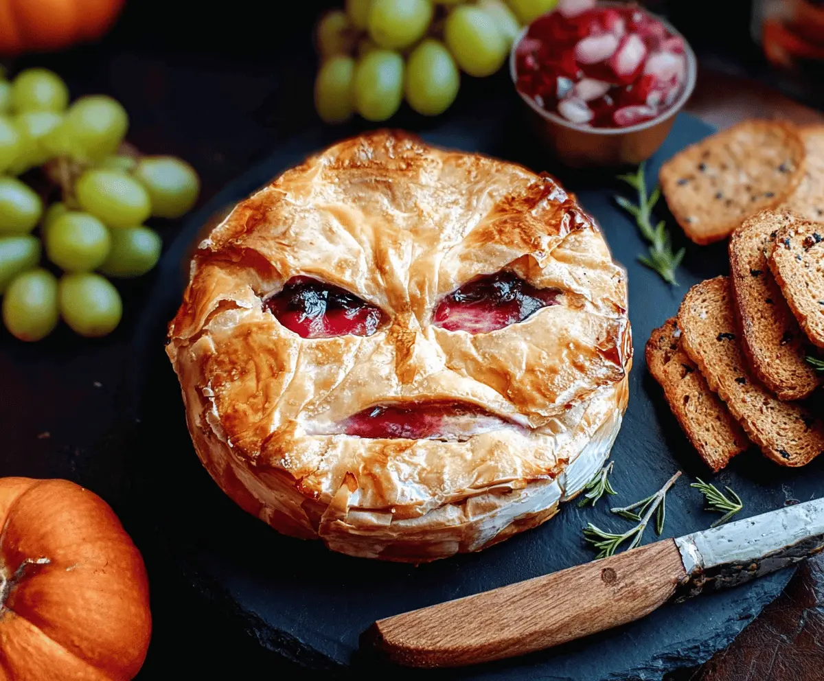 Delicious Halloween-themed baked brie cheese appetizer garnished with spooky decorations for a festive party display