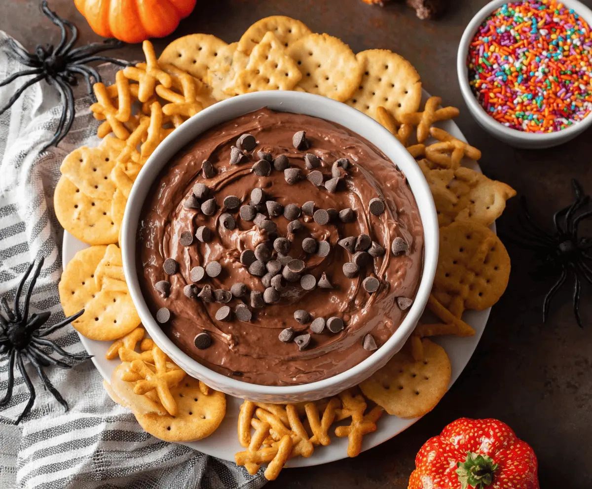 Delicious Halloween Brownie Batter Dip served in a spooky-themed bowl with festive decorations and colorful sprinkles, perfect for Halloween treats.