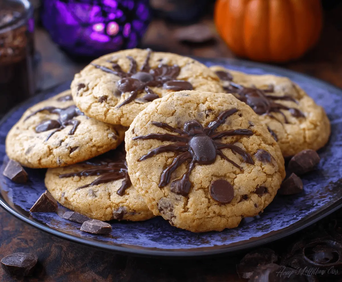 Delicious homemade Halloween chocolate chip cookies with spooky themed decorations on a festive plate