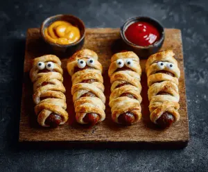 Cute Halloween mummy sausages wrapped in puff pastry with ketchup eyes, perfect for spooky party snacks