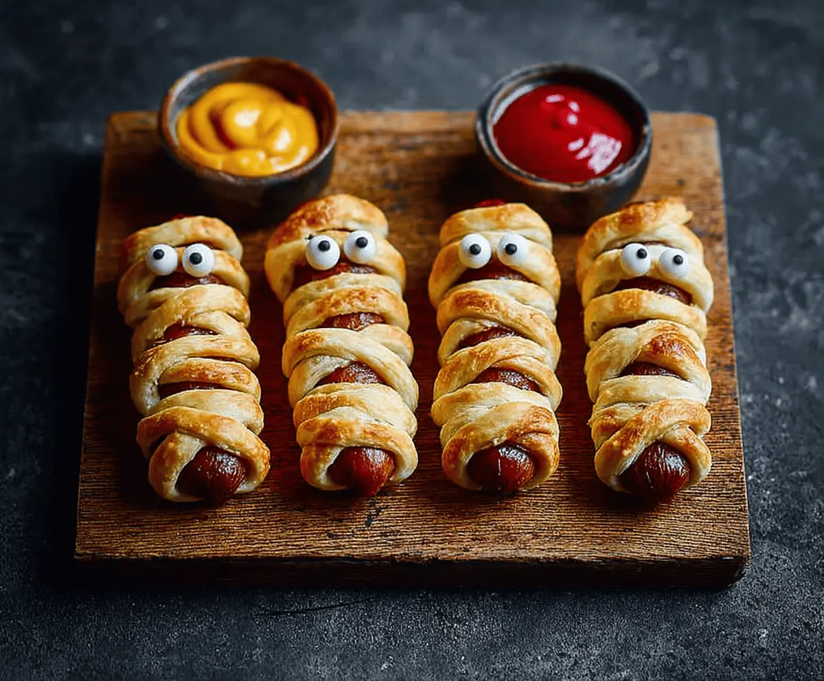 Cute Halloween mummy sausages wrapped in puff pastry with ketchup eyes, perfect for spooky party snacks