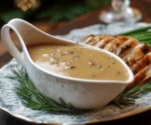 Herbed Turkey Gravy served over carved turkey with fresh herbs and a luscious, savory sauce.