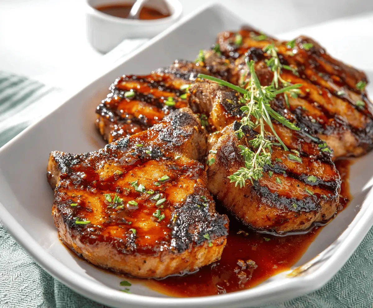 Juicy honey garlic pork chops served with fresh herbs on a rustic plate, perfect for a flavorful dinner