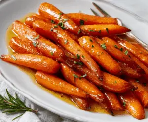 Bright orange honey glazed carrots garnished with fresh herbs on a white plate, showcasing a delicious and healthy side dish