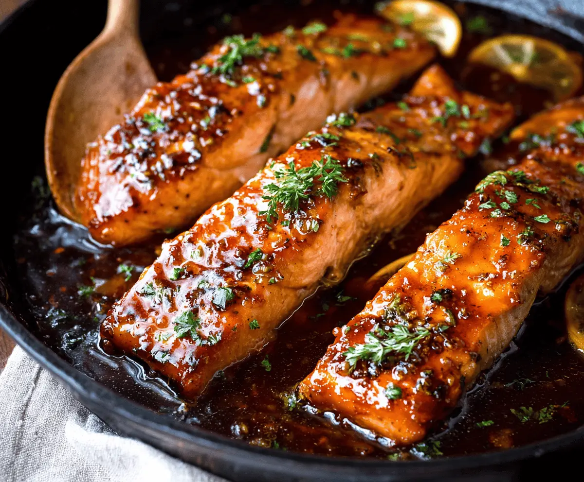 Delicious honey glazed salmon fillet garnished with fresh herbs on a white plate, ready to serve