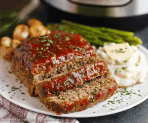 Juicy and flavorful Instant Pot meatloaf garnished with fresh herbs on a white plate, ready to serve