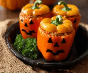 Colorful Jack-O’-Lantern stuffed peppers filled with savory ingredients, perfect for Halloween-themed meals and festive dinners.