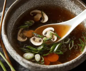 A steaming bowl of Japanese clear soup with tofu, green onions, and seaweed garnishes, served in a traditional bowl.