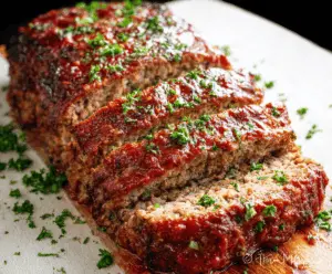 Delicious homemade keto meatloaf topped with tomato glaze, served with fresh green beans and roasted vegetables, perfect for low-carb dinner
